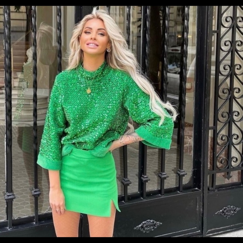 Zara Green Sequin Top Sweater Small Medium Blogger’s Fav 4786/339